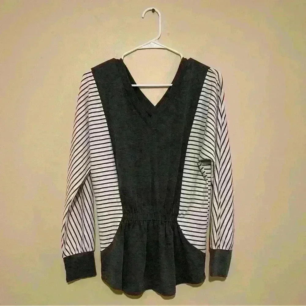 Ouges Gray & White stripe Color- Block Cinch Waist Long Sleeves Top Small - Picture 2 of 8
